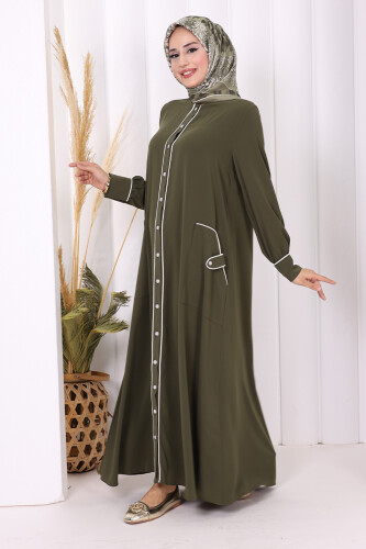 Boydan Düğmeli Ferace Elbise 3975 Haki - 7