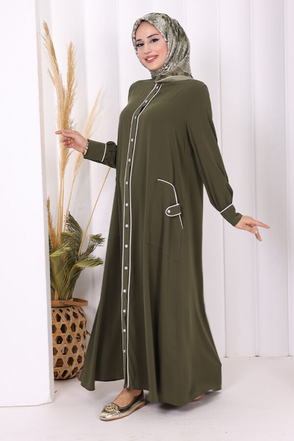Boydan Düğmeli Ferace Elbise 3975 Haki - 7