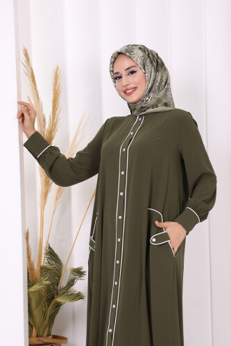 Boydan Düğmeli Ferace Elbise 3975 Haki - 9