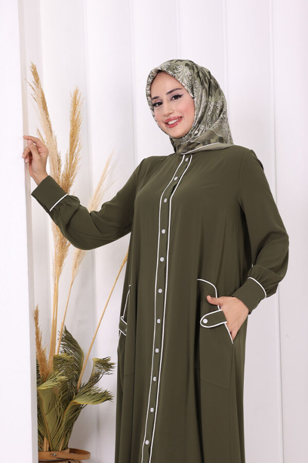 Boydan Düğmeli Ferace Elbise 3975 Haki - 9