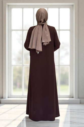 Boydan Düğmeli Ferace Elbise 3975 Kahverengi - Bym Fashion (1)