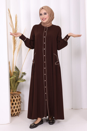 Boydan Düğmeli Ferace Elbise 3975 Kahverengi - Bym Fashion (1)