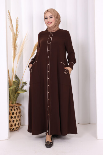 Boydan Düğmeli Ferace Elbise 3975 Kahverengi - 5