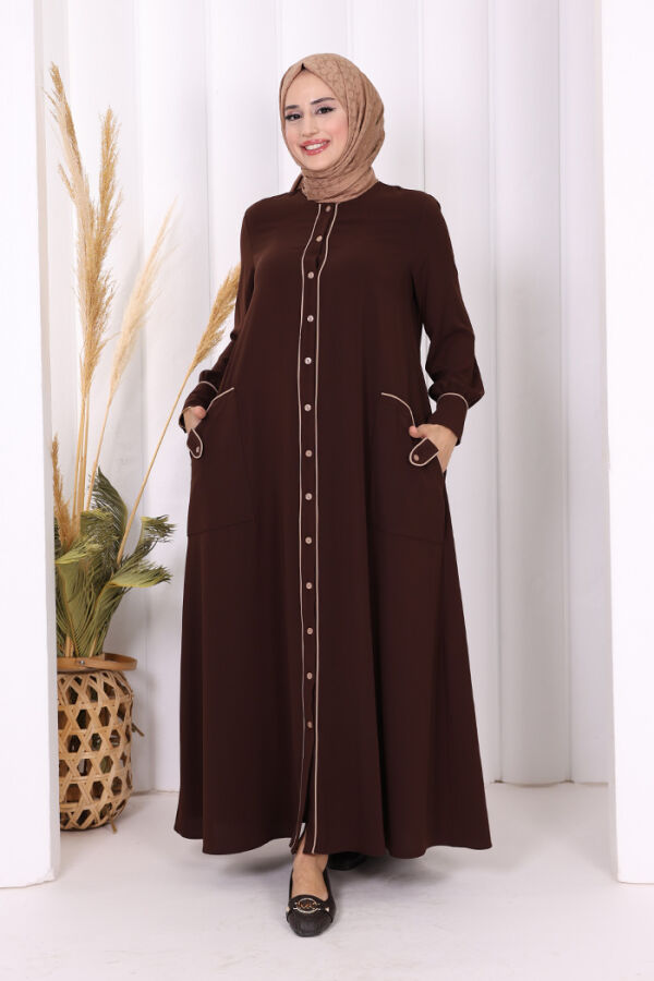 Boydan Düğmeli Ferace Elbise 3975 Kahverengi - 5