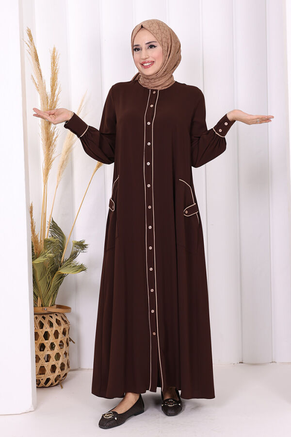 Boydan Düğmeli Ferace Elbise 3975 Kahverengi - 6