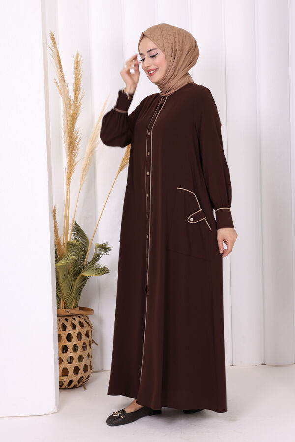Boydan Düğmeli Ferace Elbise 3975 Kahverengi - 7
