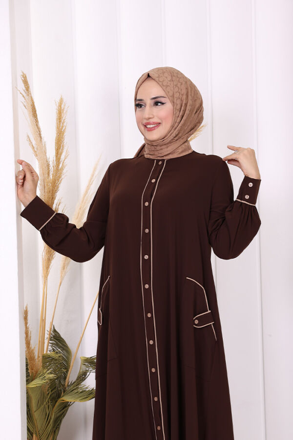 Boydan Düğmeli Ferace Elbise 3975 Kahverengi - 9