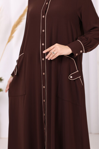Boydan Düğmeli Ferace Elbise 3975 Kahverengi - 10