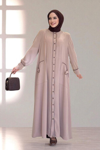 Boydan Düğmeli Ferace Elbise 3975 Vizon - Bym Fashion