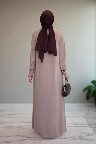 Boydan Düğmeli Ferace Elbise 3975 Vizon - Bym Fashion (1)