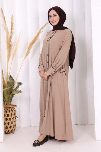 Boydan Düğmeli Ferace Elbise 3975 Vizon - Bym Fashion (1)