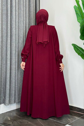 Boydan Düğmeli Taş İşleme Detaylı Ferace 7903 Bordo - Bym Fashion (1)