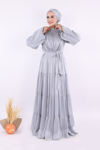 Broş Detaylı Valentino Abiye 7141 Gri - Bym Fashion