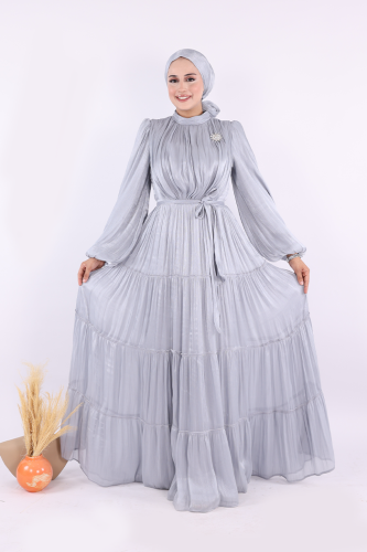 Broş Detaylı Valentino Abiye 7141 Gri - Bym Fashion (1)