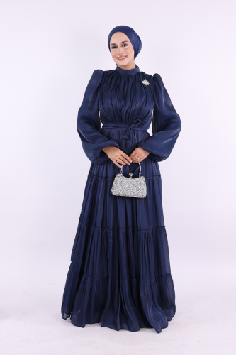 Broş Detaylı Valentino Abiye 7141 Lacivert - Bym Fashion (1)