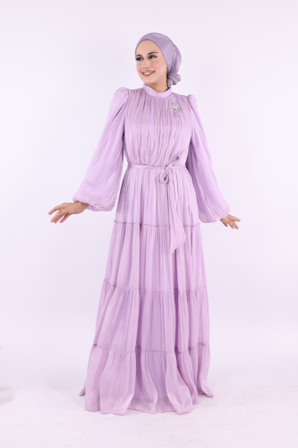 Broş Detaylı Valentino Abiye 7141 Lila - Bym Fashion