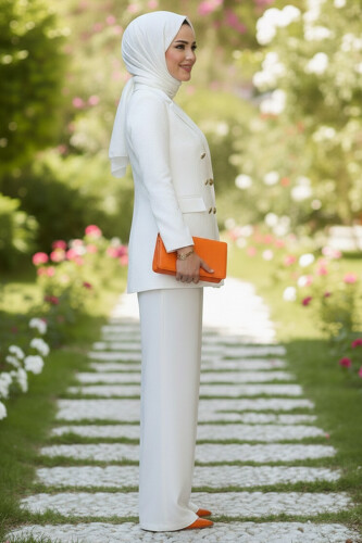 جاكيت بليزر بتفاصيل أزرار وبنطلون بدلة فضفاضة 8302 إكرو - 5