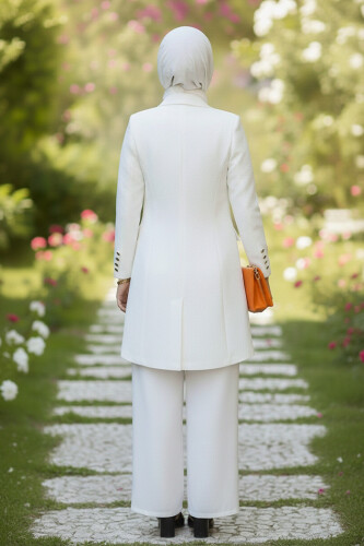 جاكيت بليزر بتفاصيل أزرار وبنطلون بدلة فضفاضة 8302 إكرو - 6