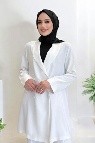 طقم بنطال وسترة بأزرار مفصلة وبنطلون 8293 Ecru - 7
