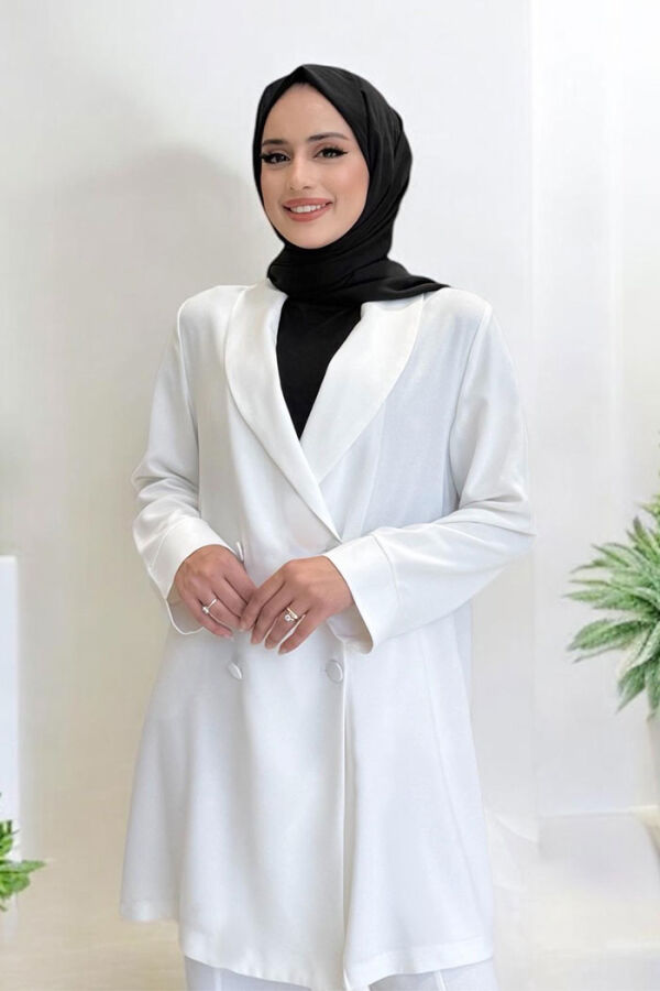 طقم بنطال وسترة بأزرار مفصلة وبنطلون 8293 Ecru - 7