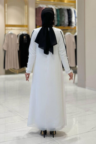 Büyük Beden Düğme Detaylı Elbise 3919-1 Ekru - Bym Fashion (1)