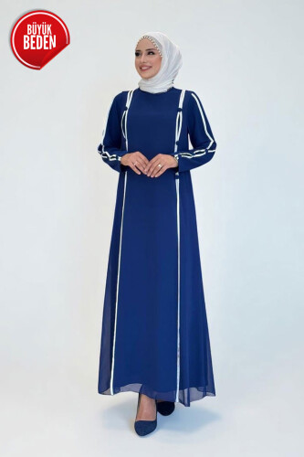 Büyük Beden Düğme Detaylı Elbise 3919-1 Lacivert - Bym Fashion