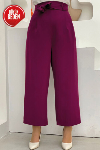 Large Size Zippered Waist Tied Trousers 0174-1 Purple - Bym Fashion
