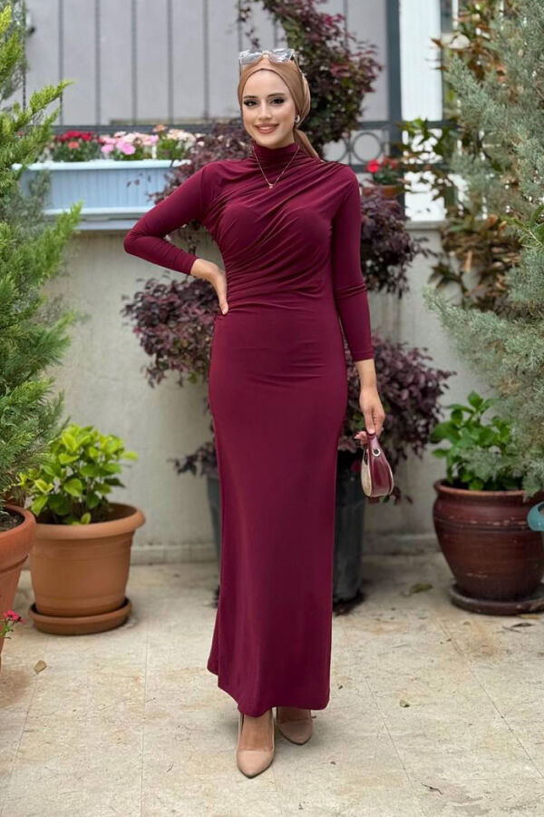 Büzgü Detaylı Sandy Elbise 3970 Bordo - 1