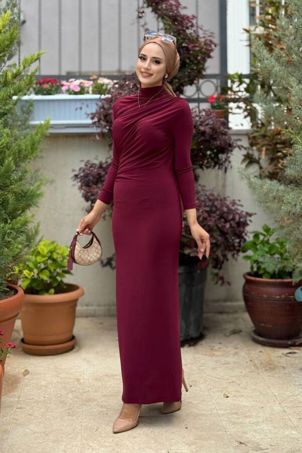 Büzgü Detaylı Sandy Elbise 3970 Bordo - 3