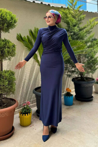 Büzgü Detaylı Sandy Elbise 3970 Lacivert - Bym Fashion