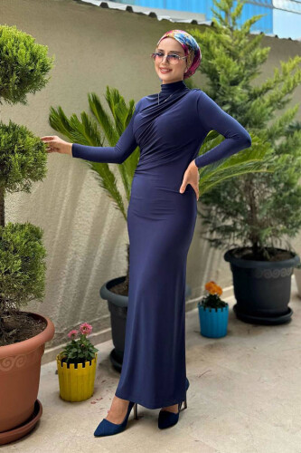 Büzgü Detaylı Sandy Elbise 3970 Lacivert - Bym Fashion (1)
