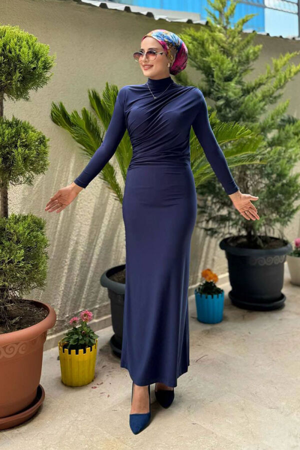 Büzgü Detaylı Sandy Elbise 3970 Lacivert - 1