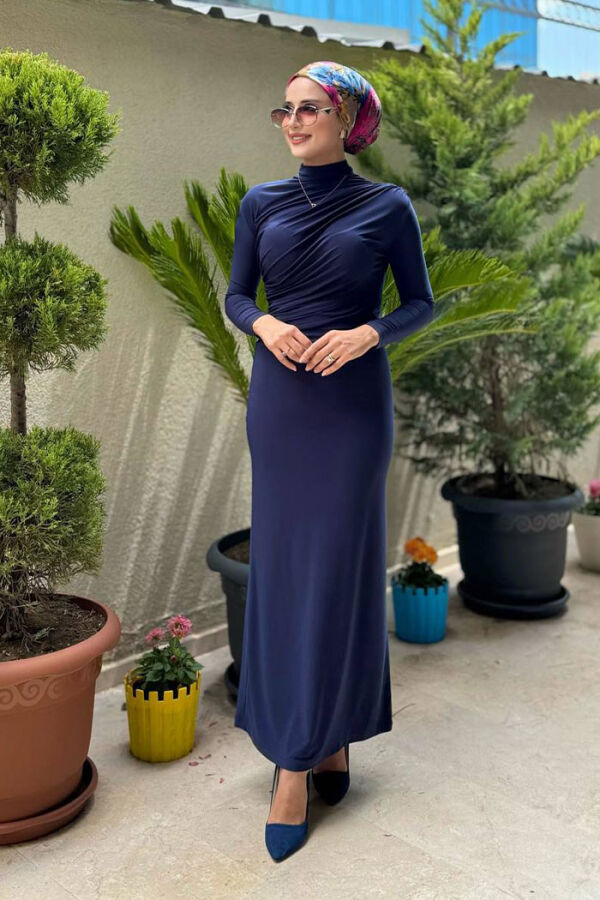 Büzgü Detaylı Sandy Elbise 3970 Lacivert - 3
