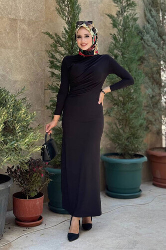 Büzgü Detaylı Sandy Elbise 3970 Siyah - 1