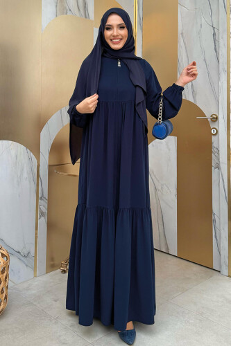 Fermuarlı Kol Manşetleri Lastikli Fırfırlı Elbise 6001 Lacivert - Bym Fashion
