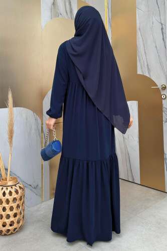 Fermuarlı Kol Manşetleri Lastikli Fırfırlı Elbise 6001 Lacivert - Bym Fashion (1)