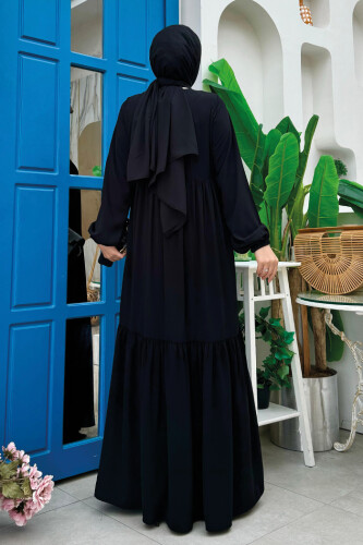 Fermuarlı Kol Manşetleri Lastikli Fırfırlı Elbise 6001 Siyah - Bym Fashion (1)