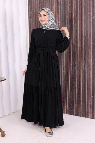 Fermuarlı Kol Manşetleri Lastikli Fırfırlı Elbise 6001 Siyah - 5