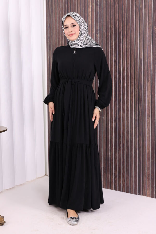 Fermuarlı Kol Manşetleri Lastikli Fırfırlı Elbise 6001 Siyah - 6