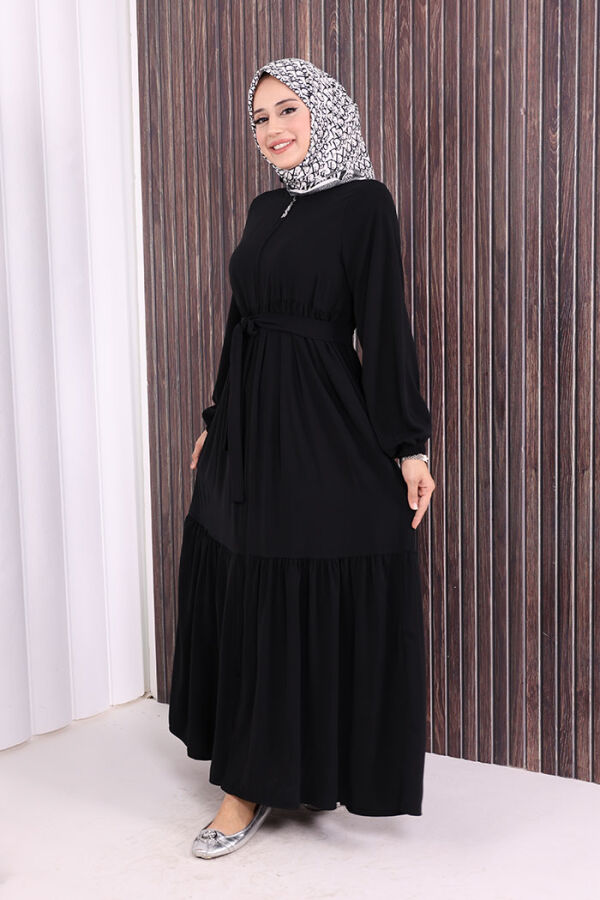 Fermuarlı Kol Manşetleri Lastikli Fırfırlı Elbise 6001 Siyah - 7