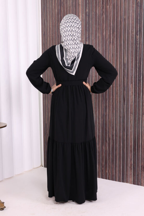 Fermuarlı Kol Manşetleri Lastikli Fırfırlı Elbise 6001 Siyah - 8