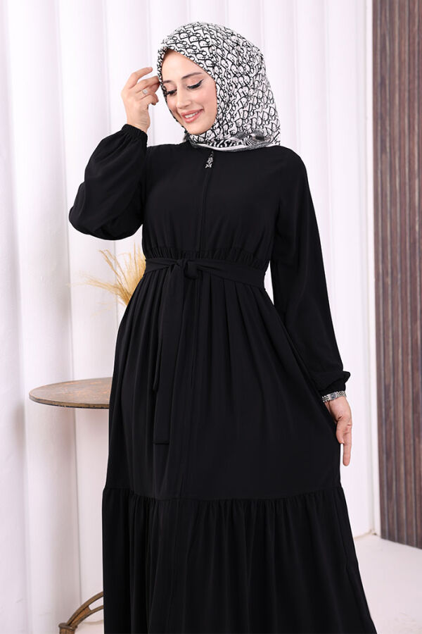 Fermuarlı Kol Manşetleri Lastikli Fırfırlı Elbise 6001 Siyah - 9