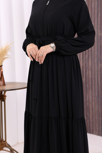 Fermuarlı Kol Manşetleri Lastikli Fırfırlı Elbise 6001 Siyah - 10