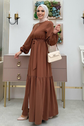 Fermuarlı Kol Manşetleri Lastikli Fırfırlı Elbise 6001 Taba - Bym Fashion (1)