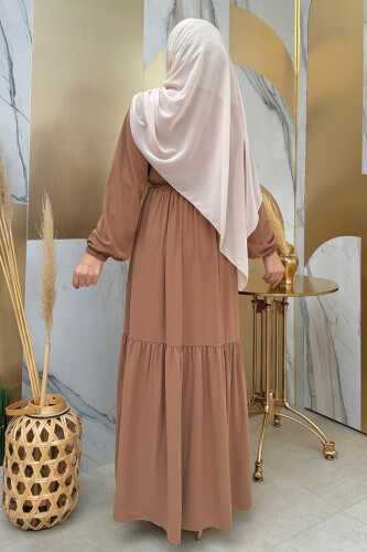 Fermuarlı Kol Manşetleri Lastikli Fırfırlı Elbise 6001 Vizon - Bym Fashion (1)