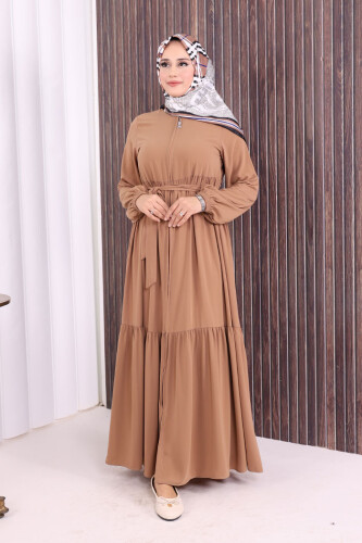 Fermuarlı Kol Manşetleri Lastikli Fırfırlı Elbise 6001 Vizon - 5