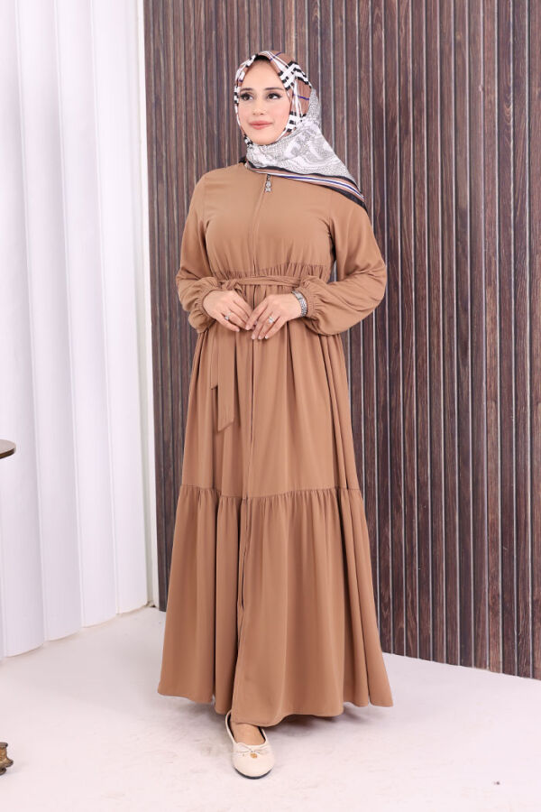 Fermuarlı Kol Manşetleri Lastikli Fırfırlı Elbise 6001 Vizon - 5