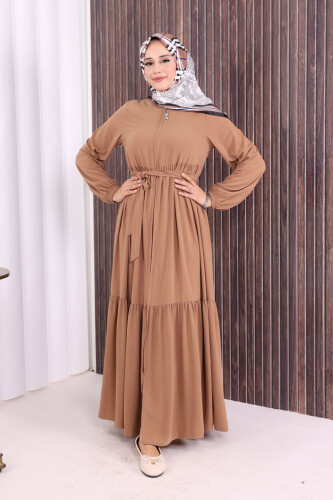 Fermuarlı Kol Manşetleri Lastikli Fırfırlı Elbise 6001 Vizon - 6