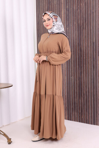 Fermuarlı Kol Manşetleri Lastikli Fırfırlı Elbise 6001 Vizon - 7