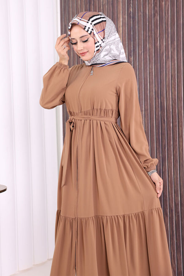 Fermuarlı Kol Manşetleri Lastikli Fırfırlı Elbise 6001 Vizon - 8